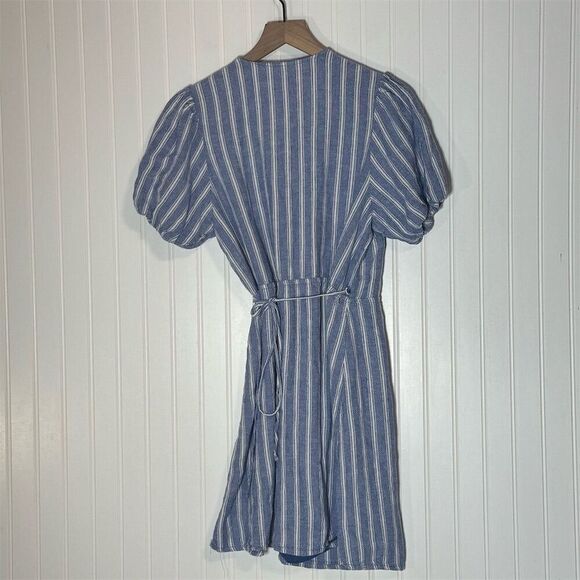 Old Navy Linen Blend Wrap Dress Blue White Stripe Puff Sleeve Size Large Lined - Picture 7 of 7